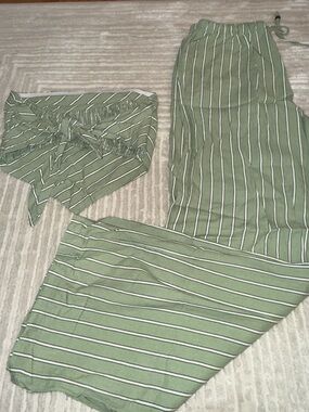 Olive Green Striped Women’s Drawstring Pants & Matching Top